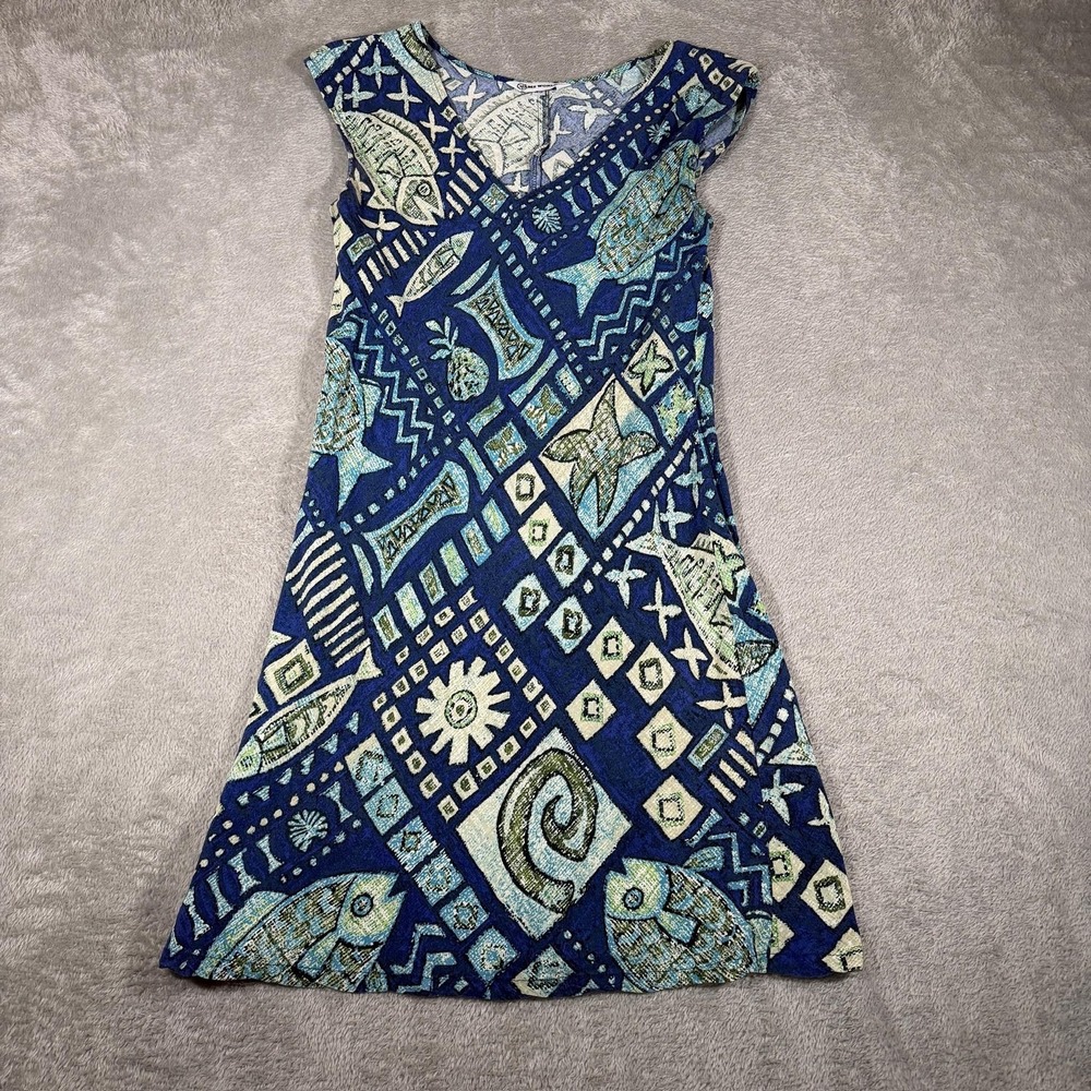 VINTAGE‎ Jams World Dress Womens XS Blue Anahola Bay Fish A-Line Rayon Hawaii